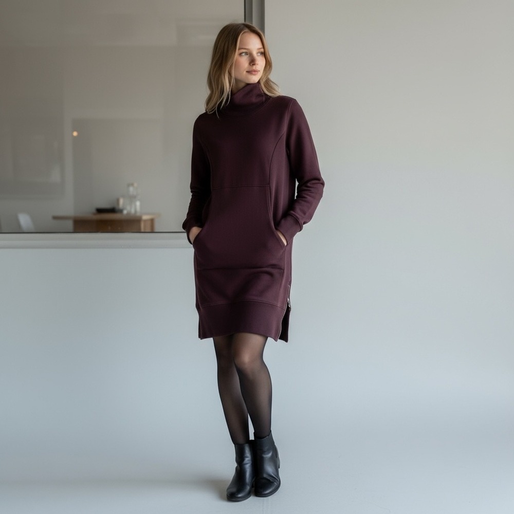 Athleta‎ Burgundy Turtleneck Long Sleeve Casual Sweater Dress Pockets Zip